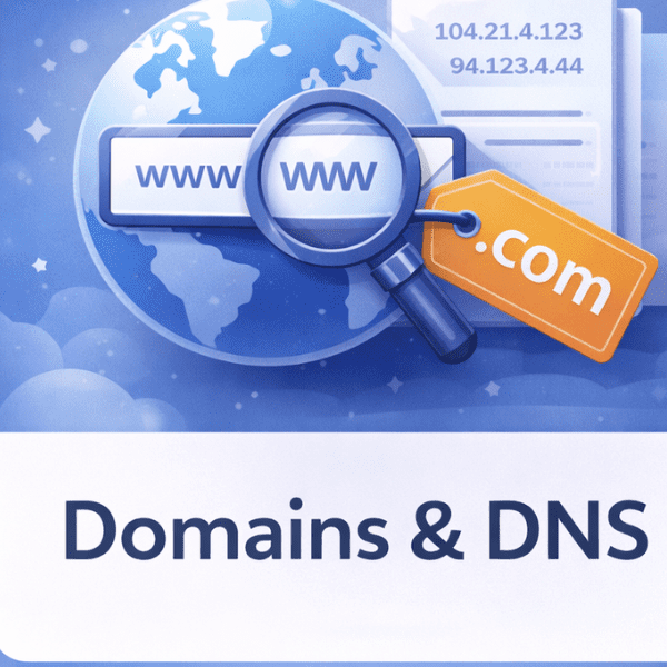 Domains and DNS category icon showing domain search and DNS setup