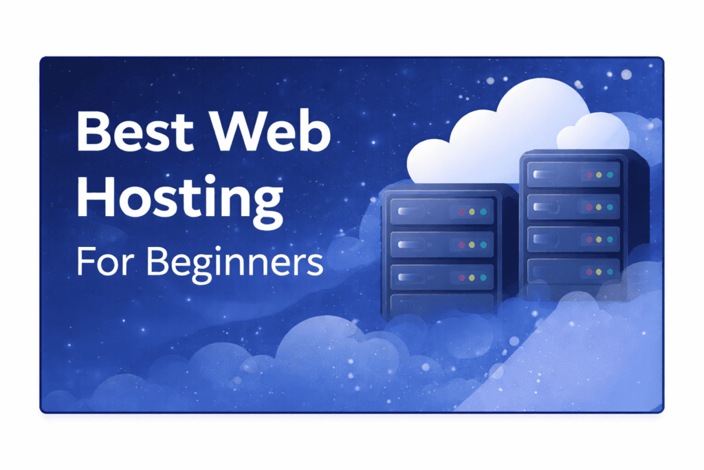 Best web hosting for beginners in 2026 illustrated with cloud servers and a blue background