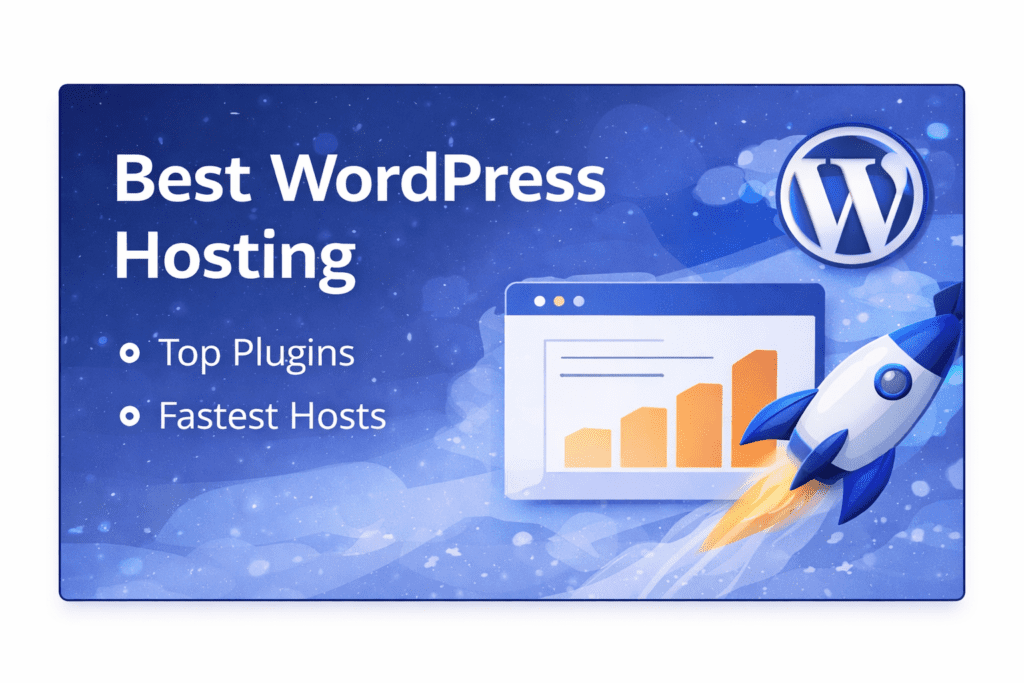 Best WordPress hosting for beginners in 2026 with rocket, WordPress icon, and speed chart