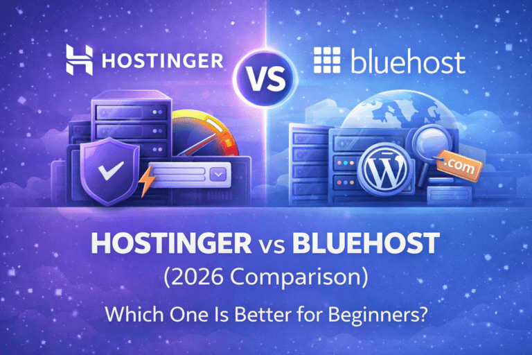 Hostinger vs Bluehost 2026 comparison image showing both hosting brands side by side for beginners