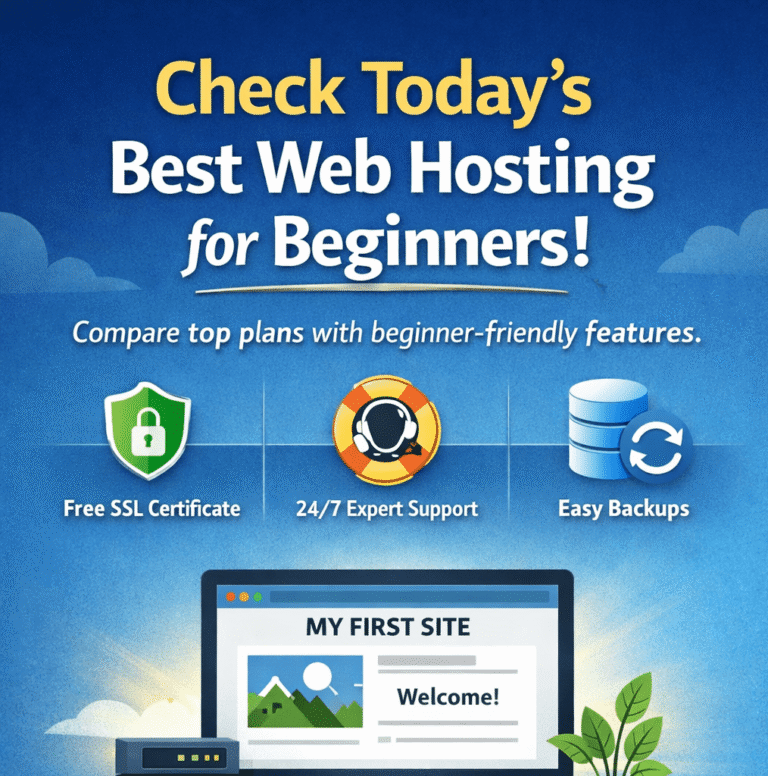 Promotional banner encouraging beginners to compare web hosting plans, highlighting free SSL certificate, 24/7 expert support, and easy backups.