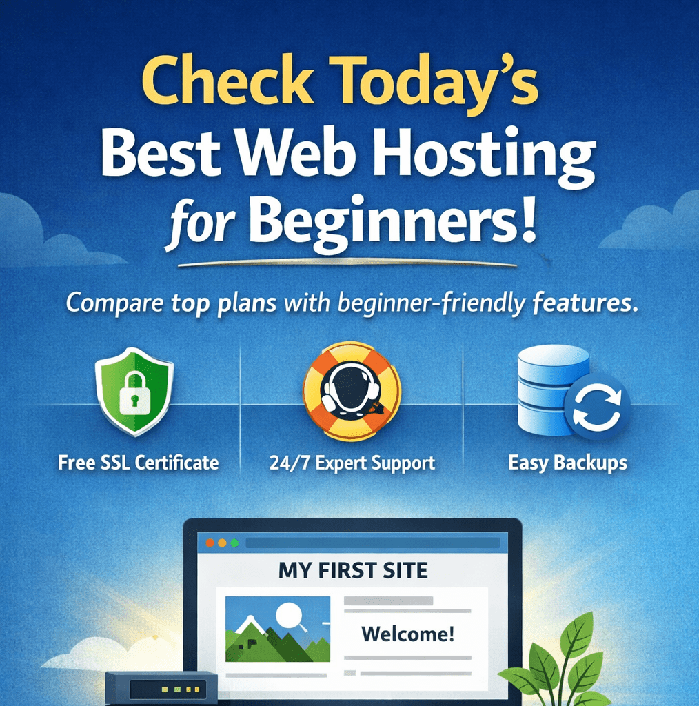 Promotional banner encouraging beginners to compare web hosting plans, highlighting free SSL certificate, 24/7 expert support, and easy backups.