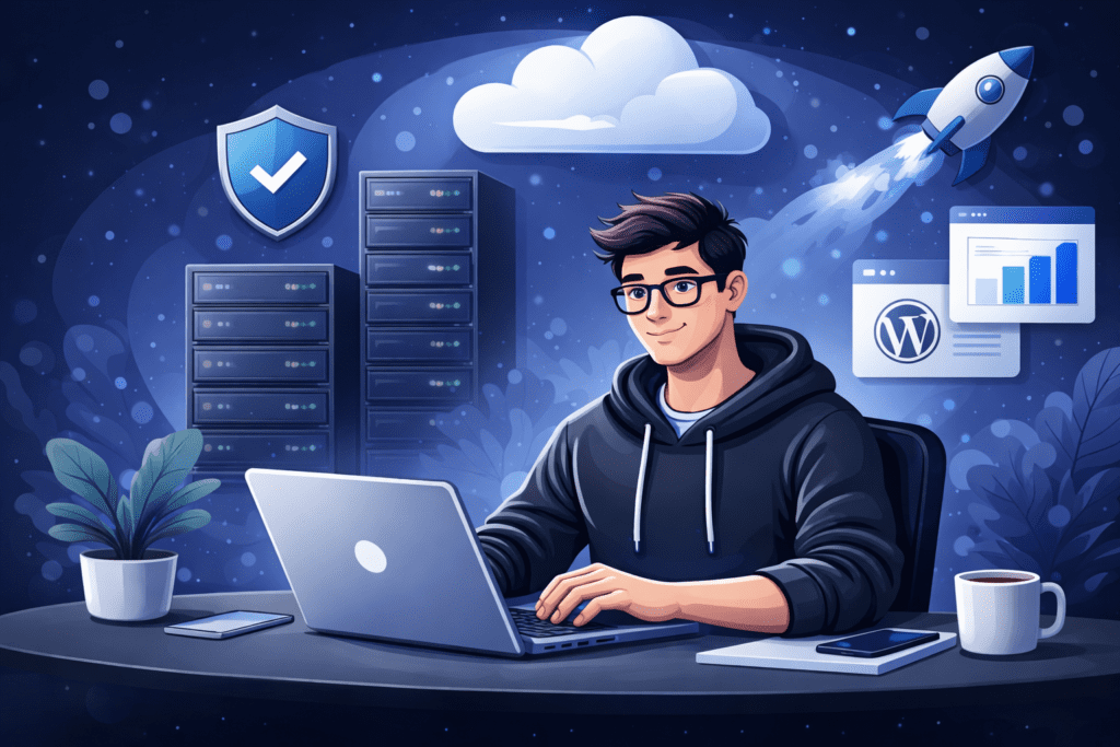 Web hosting affiliate illustration showing secure cloud servers, WordPress management, and website performance growth