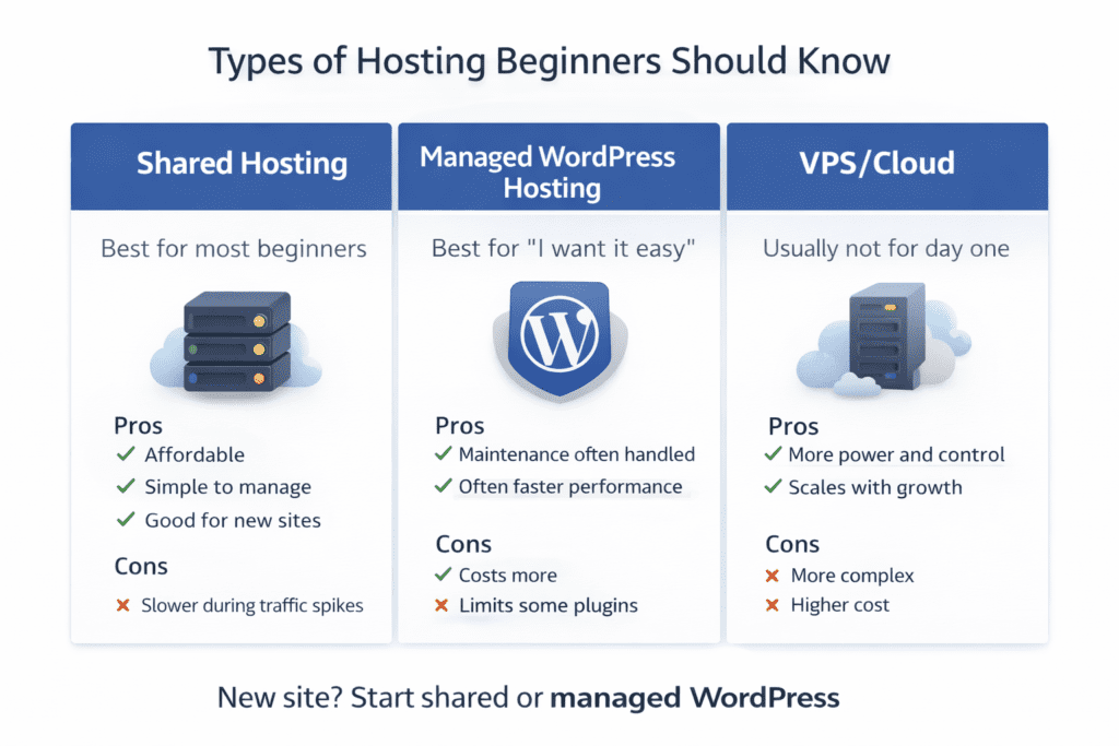 hosting setup step by step(2026 Guide): Start a Website Without Stress,Types of web hosting for beginners in 2026 showing shared hosting vs VPS vs managed WordPress hosting