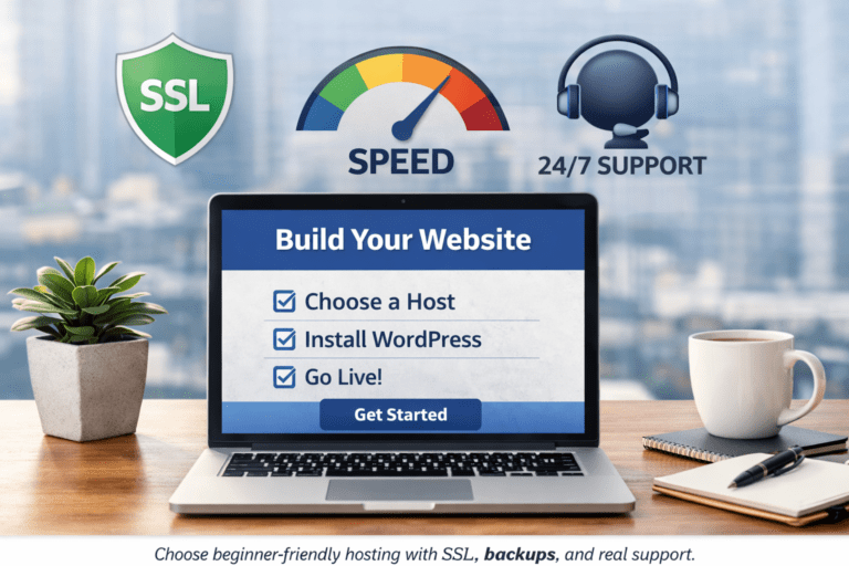 est web hosting for beginners in 2026 guide showing a simple website setup on a laptop