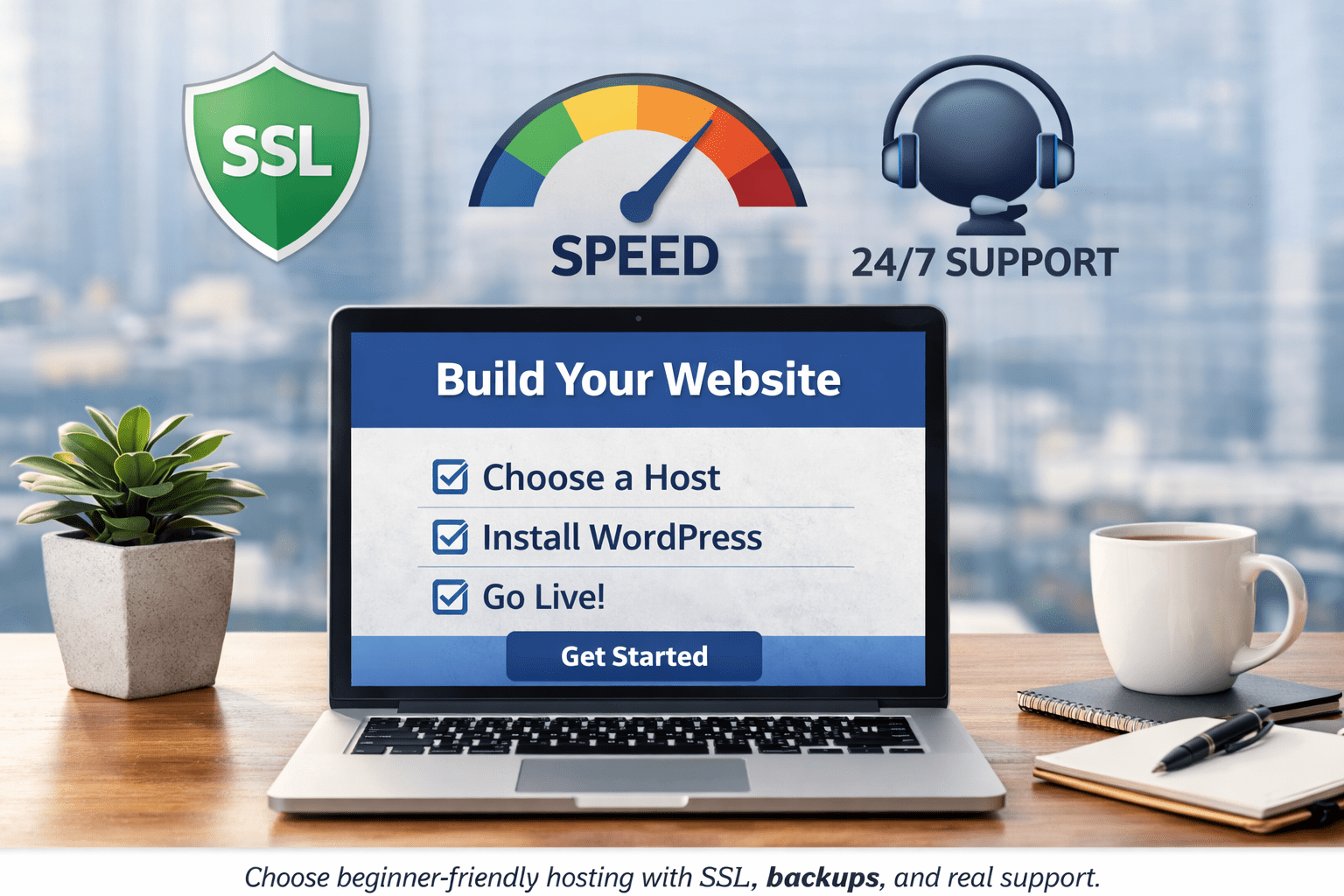 est web hosting for beginners in 2026 guide showing a simple website setup on a laptop