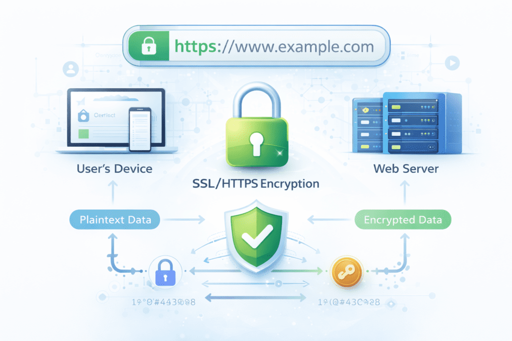 SSL HTTPS infographic showing encryption flow between user device and web server