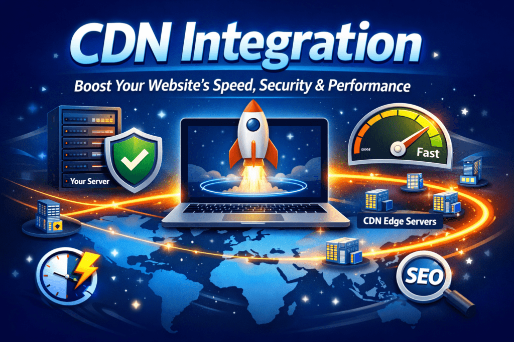 CDN integration, content delivery network, website performance, website speed, edge servers, caching, static assets, DNS settings, SSL/TLS, HTTPS, cache TTL, cache purging, compression, Brotli, HTTP/2, HTTP/3, image optimization, WebP, AVIF, Core Web Vitals, LCP, TTFB, bounce rate, SEO, WAF, DDoS protection, bot protection, origin server, reverse proxy, pull CDN, push CDN, troubleshooting, redirect loops, WordPress CDN integration, Shopify CDN integration, Cloudflare, AWS CloudFront, Fastly, Akamai