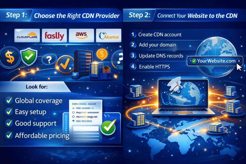 Step-by-step CDN integration infographic showing how to choose a CDN provider and connect your website via DNS and HTTPS for faster global delivery.
