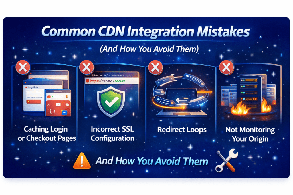 Infographic showing common CDN integration mistakes, including caching login/checkout pages, incorrect SSL setup, redirect loops, and not monitoring the origin server.
