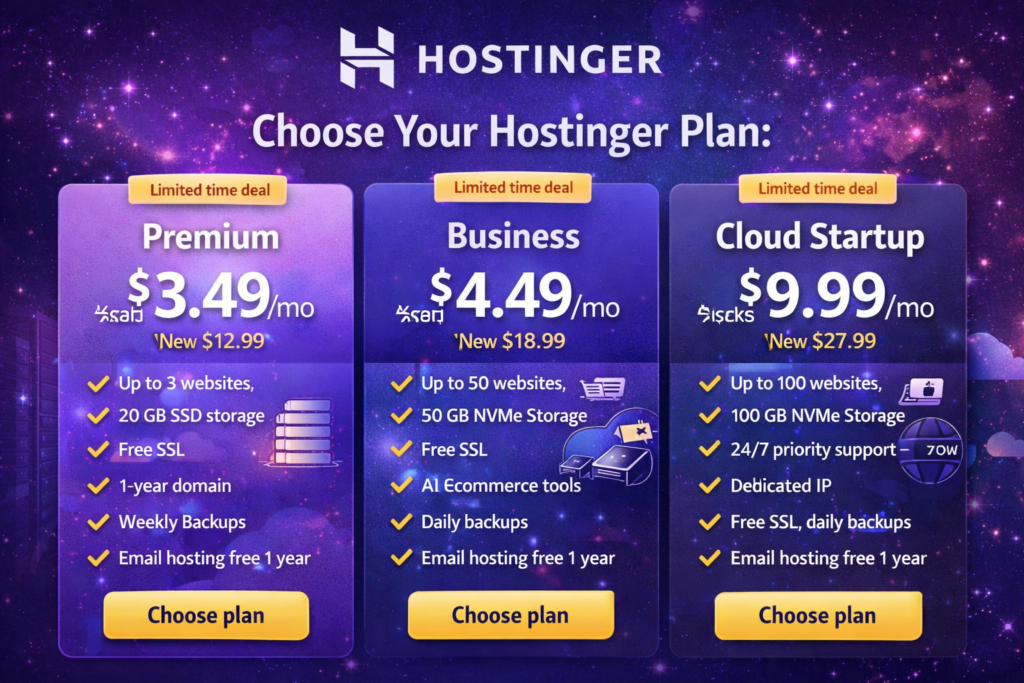 hostinger web hosting, hostinger web hosting plans, hostinger hosting pricing, hostinger web hosting review, hostinger premium plan, hostinger business plan, hostinger cloud startup plan, buy hostinger hosting, best hostinger plan for beginners, hostinger free domain 1 year, hostinger free SSL, hostinger daily backups, hostinger weekly backups, hostinger NVMe storage, hostinger free CDN, hostinger email hosting, hostinger AI website builder, hostinger WordPress hosting, hostinger premium vs business, hostinger business vs cloud startup, hostinger shared hosting vs cloud hosting, best hosting plan on hostinger, what is hostinger web hosting, is hostinger good for WordPress, is hostinger good for beginners, how to choose hostinger plan, hostinger hosting features, is hostinger web hosting good, does hostinger include free domain, does hostinger provide SSL, does hostinger offer backups, which hostinger plan is best